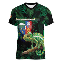 Reunion Island Women V-Neck T-Shirt Furcifer Pardalis With Coat Of Arms - Wonder Print Shop