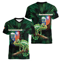 Reunion Island Women V-Neck T-Shirt Furcifer Pardalis With Coat Of Arms - Wonder Print Shop