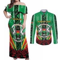 Personalised Burkina Faso Couples Matching Off Shoulder Maxi Dress and Long Sleeve Button Shirt Coat Of Arms Bogolan Pattern