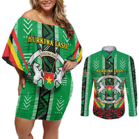 Personalised Burkina Faso Couples Matching Off Shoulder Short Dress and Long Sleeve Button Shirt Coat Of Arms Bogolan Pattern