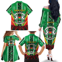 Personalised Burkina Faso Family Matching Off The Shoulder Long Sleeve Dress and Hawaiian Shirt Coat Of Arms Bogolan Pattern