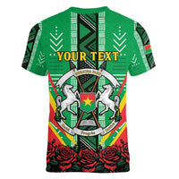 Personalised Burkina Faso Women V-Neck T-Shirt Coat Of Arms Bogolan Pattern