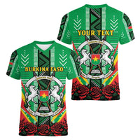Personalised Burkina Faso Women V-Neck T-Shirt Coat Of Arms Bogolan Pattern
