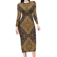 Madiba Nelson Mandela Long Sleeve Bodycon Dress Indonesia Batik Earthy Brown - Wonder Print Shop