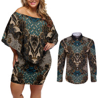 Madiba Nelson Mandela Couples Matching Off Shoulder Short Dress and Long Sleeve Button Shirt Indonesia Batik Black - Wonder Print Shop