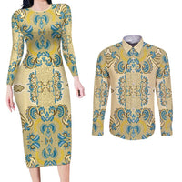 Madiba Nelson Mandela Couples Matching Long Sleeve Bodycon Dress and Long Sleeve Button Shirt Indonesia Batik Yellow Bule - Wonder Print Shop