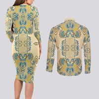 Madiba Nelson Mandela Couples Matching Long Sleeve Bodycon Dress and Long Sleeve Button Shirt Indonesia Batik Yellow Bule - Wonder Print Shop