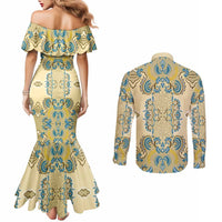 Madiba Nelson Mandela Couples Matching Mermaid Dress and Long Sleeve Button Shirt Indonesia Batik Yellow Bule - Wonder Print Shop