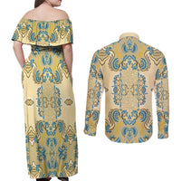 Madiba Nelson Mandela Couples Matching Off Shoulder Maxi Dress and Long Sleeve Button Shirt Indonesia Batik Yellow Bule - Wonder Print Shop