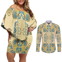 Madiba Nelson Mandela Couples Matching Off Shoulder Short Dress and Long Sleeve Button Shirt Indonesia Batik Yellow Bule - Wonder Print Shop