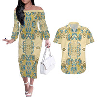 Madiba Nelson Mandela Couples Matching Off The Shoulder Long Sleeve Dress and Hawaiian Shirt Indonesia Batik Yellow Bule - Wonder Print Shop