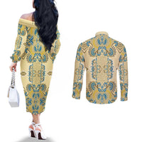 Madiba Nelson Mandela Couples Matching Off The Shoulder Long Sleeve Dress and Long Sleeve Button Shirt Indonesia Batik Yellow Bule - Wonder Print Shop
