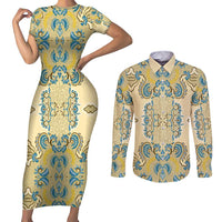 Madiba Nelson Mandela Couples Matching Short Sleeve Bodycon Dress and Long Sleeve Button Shirt Indonesia Batik Yellow Bule - Wonder Print Shop