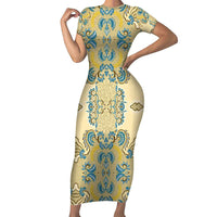 Madiba Nelson Mandela Family Matching Short Sleeve Bodycon Dress and Hawaiian Shirt Indonesia Batik Yellow Bule - Wonder Print Shop