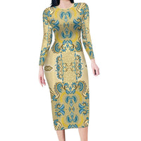 Madiba Nelson Mandela Long Sleeve Bodycon Dress Indonesia Batik Yellow Bule - Wonder Print Shop