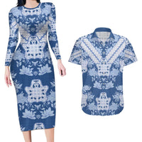 Indonesia Javanese Batik Couples Matching Long Sleeve Bodycon Dress and Hawaiian Shirt Nelson Mandela Madiba Blue - Wonder Print Shop