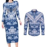 Indonesia Javanese Batik Couples Matching Long Sleeve Bodycon Dress and Long Sleeve Button Shirt Nelson Mandela Madiba Blue - Wonder Print Shop