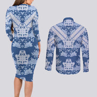 Indonesia Javanese Batik Couples Matching Long Sleeve Bodycon Dress and Long Sleeve Button Shirt Nelson Mandela Madiba Blue - Wonder Print Shop