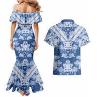 Indonesia Javanese Batik Couples Matching Mermaid Dress and Hawaiian Shirt Nelson Mandela Madiba Blue - Wonder Print Shop