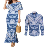 Indonesia Javanese Batik Couples Matching Mermaid Dress and Long Sleeve Button Shirt Nelson Mandela Madiba Blue - Wonder Print Shop