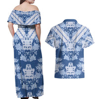 Indonesia Javanese Batik Couples Matching Off Shoulder Maxi Dress and Hawaiian Shirt Nelson Mandela Madiba Blue - Wonder Print Shop