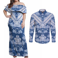Indonesia Javanese Batik Couples Matching Off Shoulder Maxi Dress and Long Sleeve Button Shirt Nelson Mandela Madiba Blue - Wonder Print Shop