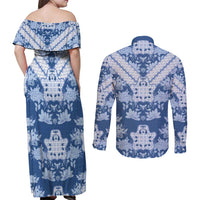 Indonesia Javanese Batik Couples Matching Off Shoulder Maxi Dress and Long Sleeve Button Shirt Nelson Mandela Madiba Blue - Wonder Print Shop