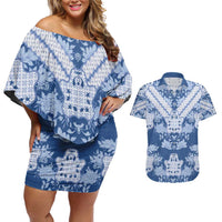Indonesia Javanese Batik Couples Matching Off Shoulder Short Dress and Hawaiian Shirt Nelson Mandela Madiba Blue - Wonder Print Shop
