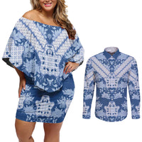 Indonesia Javanese Batik Couples Matching Off Shoulder Short Dress and Long Sleeve Button Shirt Nelson Mandela Madiba Blue - Wonder Print Shop