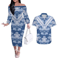 Indonesia Javanese Batik Couples Matching Off The Shoulder Long Sleeve Dress and Hawaiian Shirt Nelson Mandela Madiba Blue - Wonder Print Shop