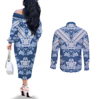 Indonesia Javanese Batik Couples Matching Off The Shoulder Long Sleeve Dress and Long Sleeve Button Shirt Nelson Mandela Madiba Blue - Wonder Print Shop