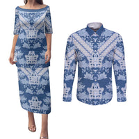 Indonesia Javanese Batik Couples Matching Puletasi and Long Sleeve Button Shirt Nelson Mandela Madiba Blue - Wonder Print Shop