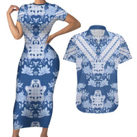 Indonesia Javanese Batik Couples Matching Short Sleeve Bodycon Dress and Hawaiian Shirt Nelson Mandela Madiba Blue - Wonder Print Shop