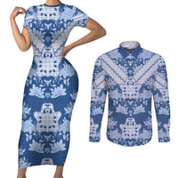 Indonesia Javanese Batik Couples Matching Short Sleeve Bodycon Dress and Long Sleeve Button Shirt Nelson Mandela Madiba Blue - Wonder Print Shop