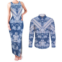 Indonesia Javanese Batik Couples Matching Tank Maxi Dress and Long Sleeve Button Shirt Nelson Mandela Madiba Blue - Wonder Print Shop