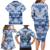 Indonesia Javanese Batik Family Matching Long Sleeve Bodycon Dress and Hawaiian Shirt Nelson Mandela Madiba Blue - Wonder Print Shop