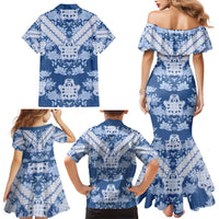 Indonesia Javanese Batik Family Matching Mermaid Dress and Hawaiian Shirt Nelson Mandela Madiba Blue - Wonder Print Shop