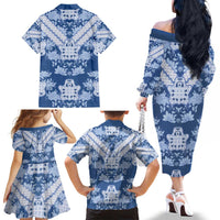 Indonesia Javanese Batik Family Matching Off The Shoulder Long Sleeve Dress and Hawaiian Shirt Nelson Mandela Madiba Blue - Wonder Print Shop