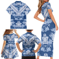 Indonesia Javanese Batik Family Matching Short Sleeve Bodycon Dress and Hawaiian Shirt Nelson Mandela Madiba Blue - Wonder Print Shop
