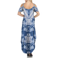 Indonesia Javanese Batik Family Matching Summer Maxi Dress and Hawaiian Shirt Nelson Mandela Madiba Blue - Wonder Print Shop