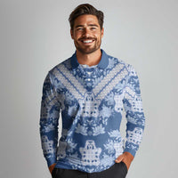 Indonesia Javanese Batik Long Sleeve Polo Shirt Nelson Mandela Madiba Blue - Wonder Print Shop