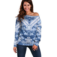 Indonesia Javanese Batik Off Shoulder Sweater Nelson Mandela Madiba Blue - Wonder Print Shop