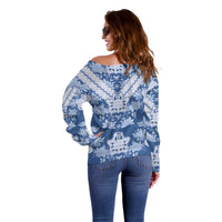 Indonesia Javanese Batik Off Shoulder Sweater Nelson Mandela Madiba Blue - Wonder Print Shop
