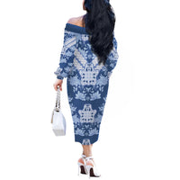 Indonesia Javanese Batik Off The Shoulder Long Sleeve Dress Nelson Mandela Madiba Blue - Wonder Print Shop