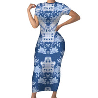 Indonesia Javanese Batik Short Sleeve Bodycon Dress Nelson Mandela Madiba Blue - Wonder Print Shop