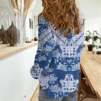 Indonesia Javanese Batik Women Casual Shirt Nelson Mandela Madiba Blue - Wonder Print Shop