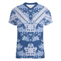 Indonesia Javanese Batik Women V-Neck T-Shirt Nelson Mandela Madiba Blue - Wonder Print Shop