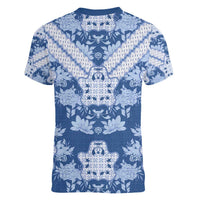 Indonesia Javanese Batik Women V-Neck T-Shirt Nelson Mandela Madiba Blue - Wonder Print Shop