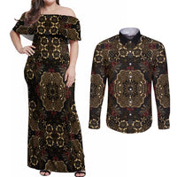 Indonesia Javanese Batik Couples Matching Off Shoulder Maxi Dress and Long Sleeve Button Shirt Nelson Mandela Madiba Vintage Style - Wonder Print Shop