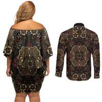 Indonesia Javanese Batik Couples Matching Off Shoulder Short Dress and Long Sleeve Button Shirt Nelson Mandela Madiba Vintage Style - Wonder Print Shop